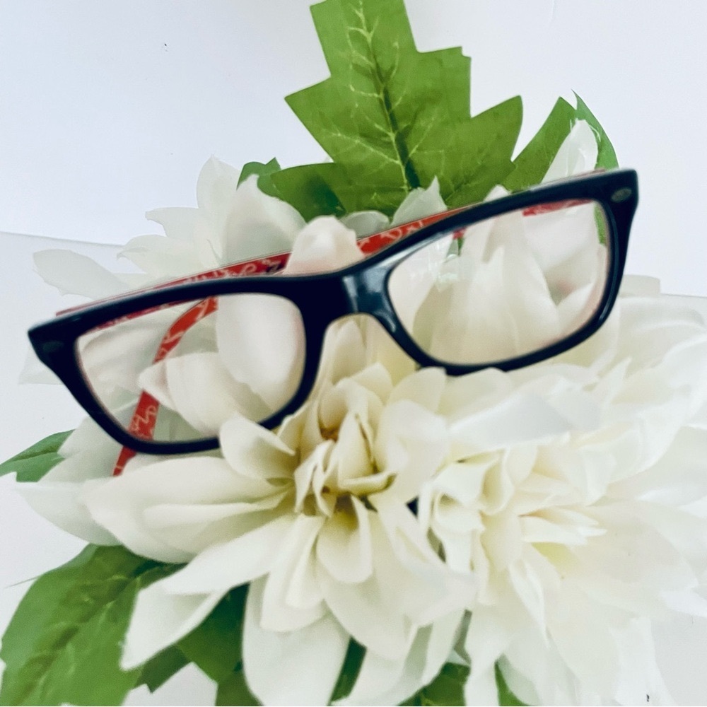 Ray-Ban RB5228 Classic black squared classic eyeglass frames red script interior